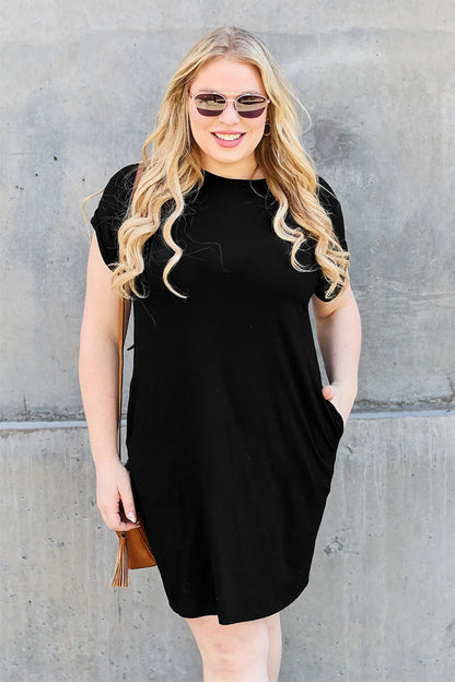 Bamboo Full Size Round Neck Short Sleeve Dress with Pockets in Black - product view 4