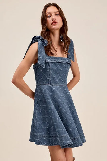A-Line Fit and Flare Diamond Bow Ribbon Denim Dress - product view 5