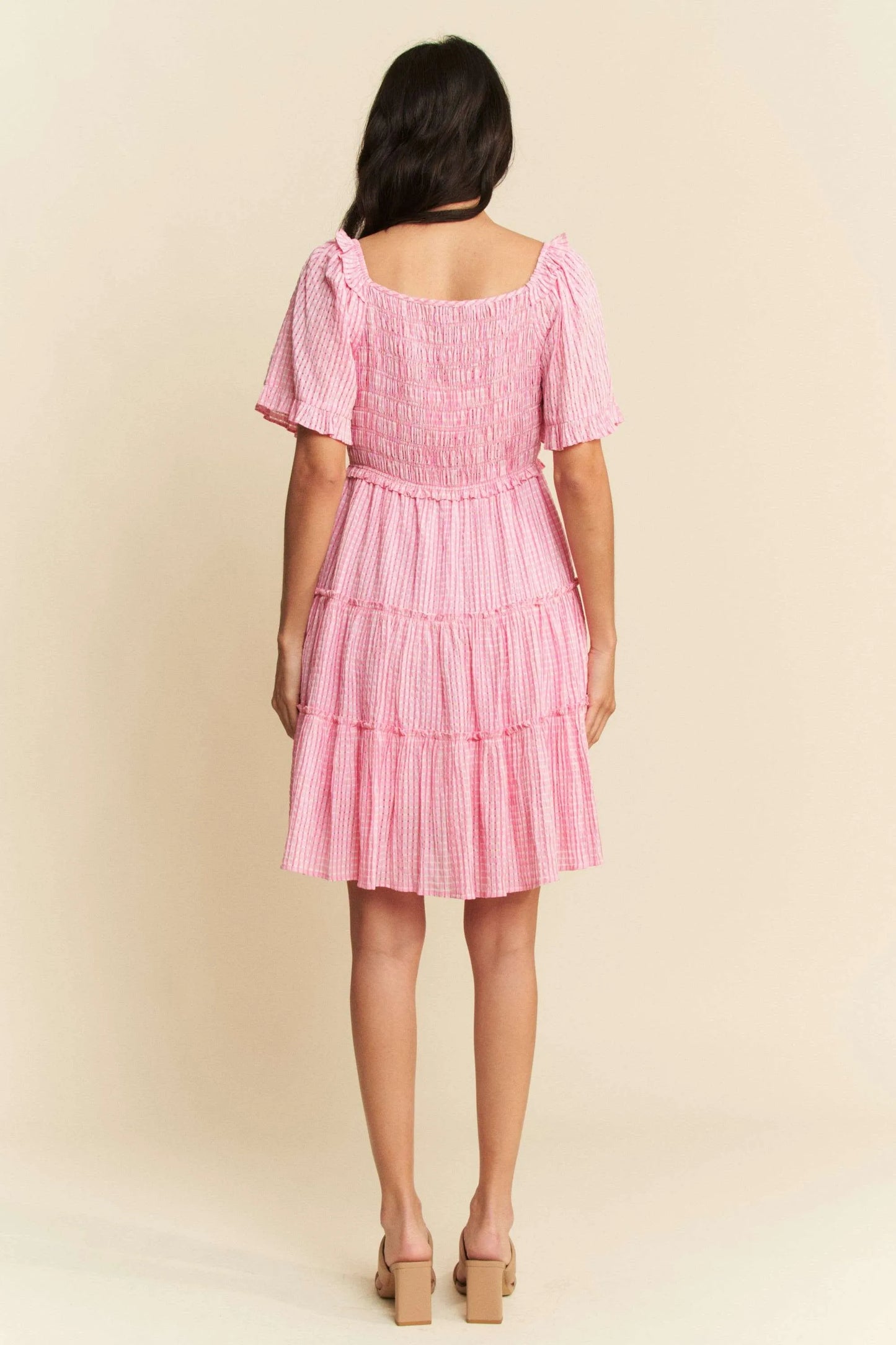 Jacquard Checker Smocking Tiered Dress - Barbie Pink - product view 10