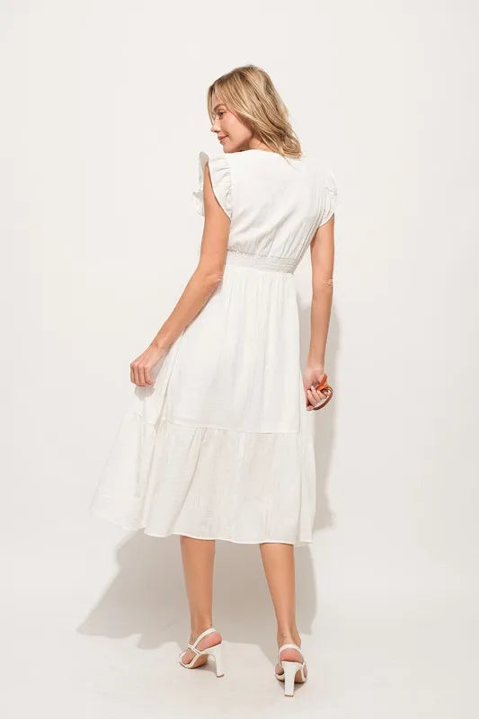 Ruffle Sleeve Front Smocked Tiered Midi Dress in Off White - product view 8