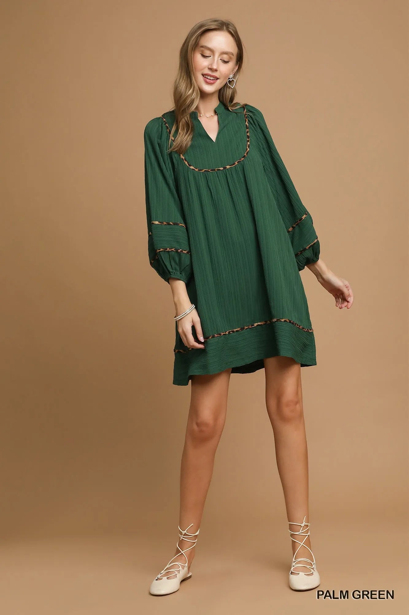 Textured Babydoll Dress with Leopard Trim - Palm Green - product view 6