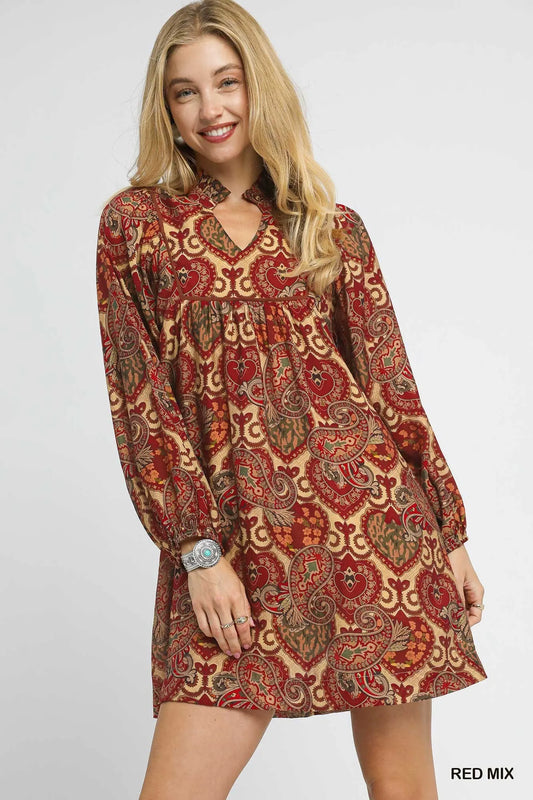 Boho Mix Paisley Babydoll Dress - Red Mix - product view 1