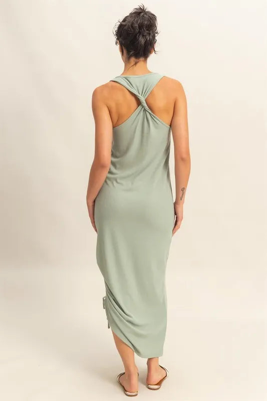 Scoop Neck Side Tie Detail Midi Dress in Sage Green - product view 3