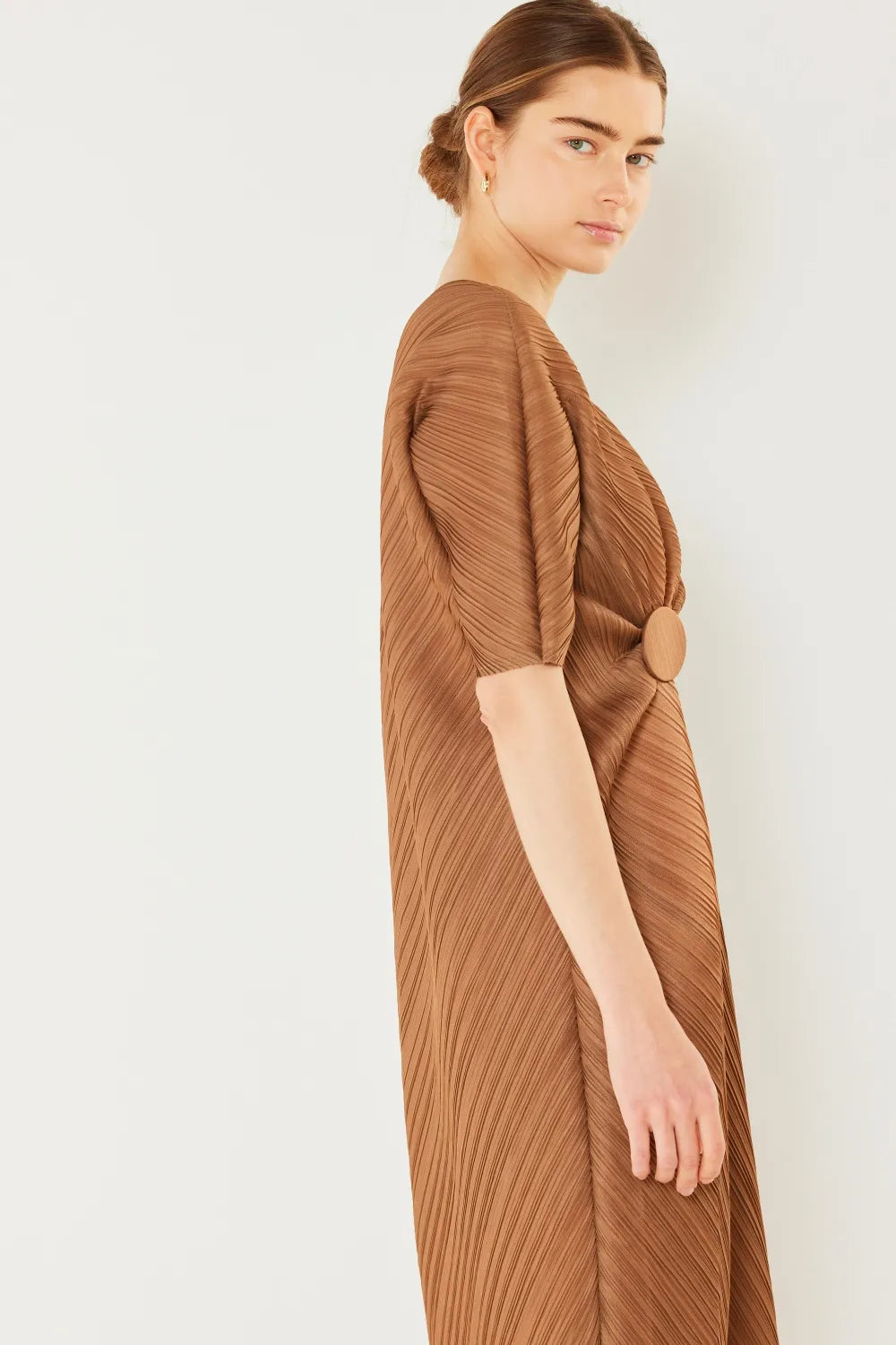 Pleated Dolman Sleeve Dress in Brown Khaki, Deep Orange and more - product view 5