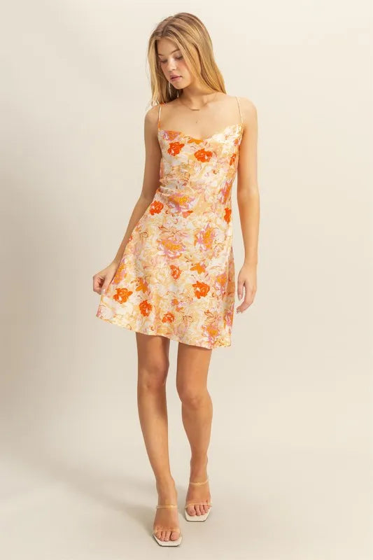 Floral Cowl Neck Flirty Satin Mini Dress - Orange - product view 4