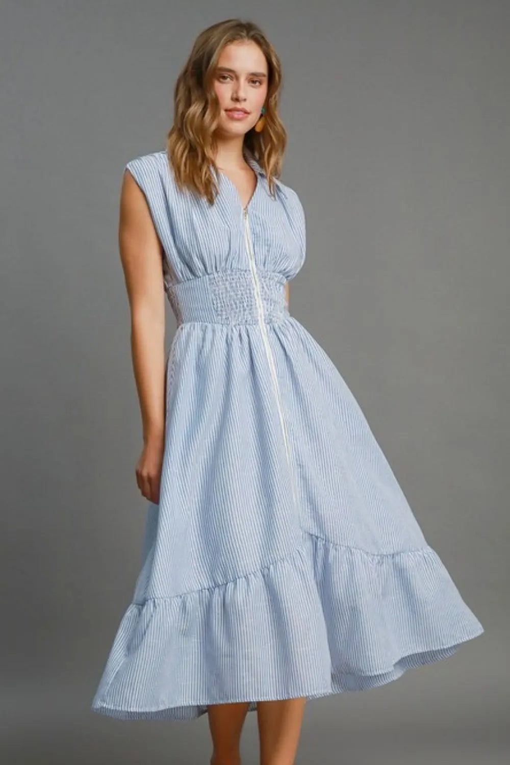 Full Size Striped Midi Dress with Smocked Waist Plus Size in Light Blue - product view 1