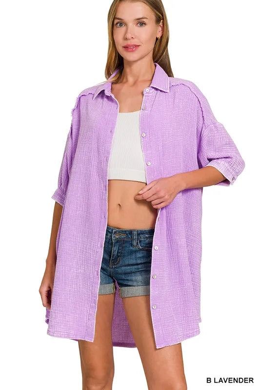 Washed Double Gauze Button Down Shirt Dress - B Lavender - product view 6