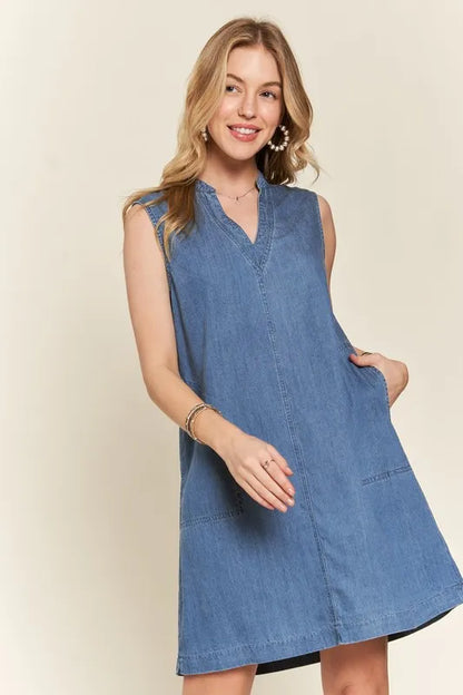Notched Sleeveless Denim Dress with Pockets in Medium - product view 3