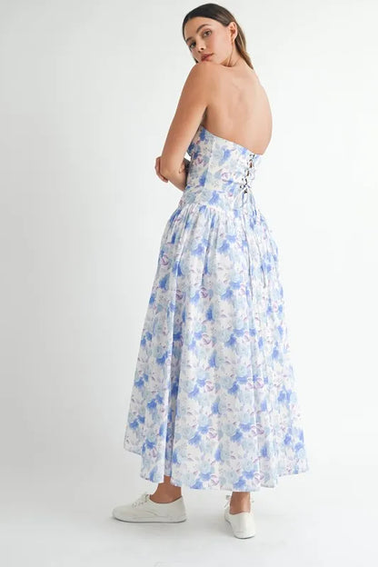 Sweetheart Neckline Floral Printed Midi Dress in Blue - product view 6