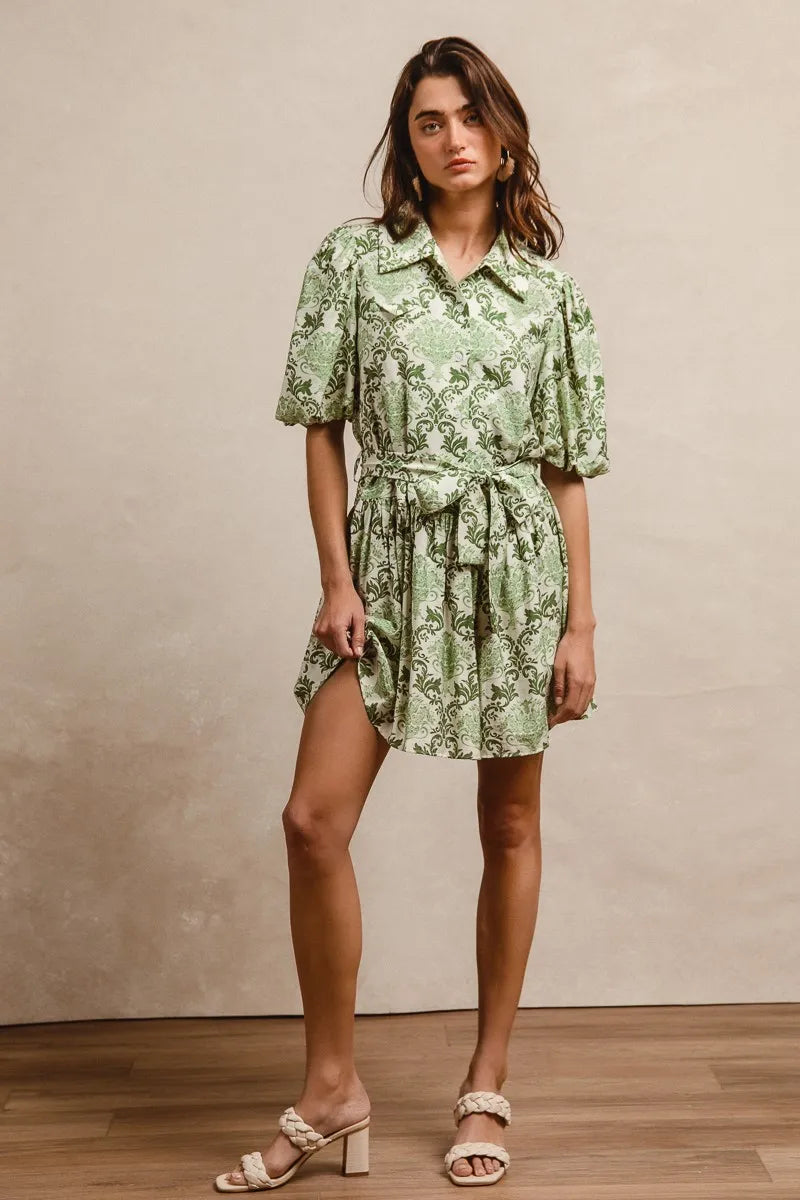 Tied Floral Short Sleeve Mini Shirt Dress in Green/Cream - product view 6