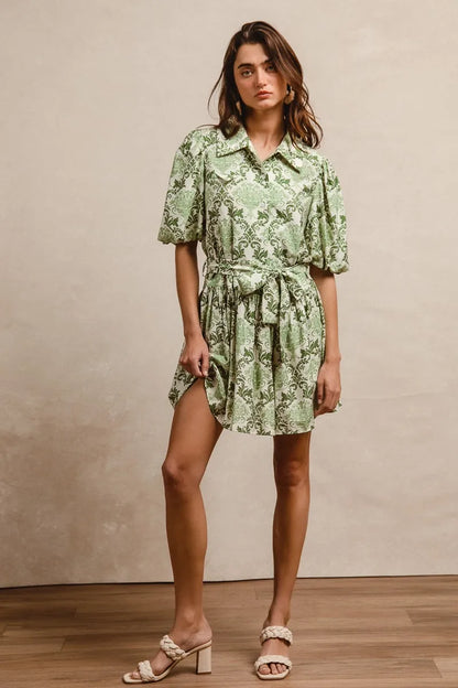 Tied Floral Short Sleeve Mini Shirt Dress in Green/Cream - product view 6