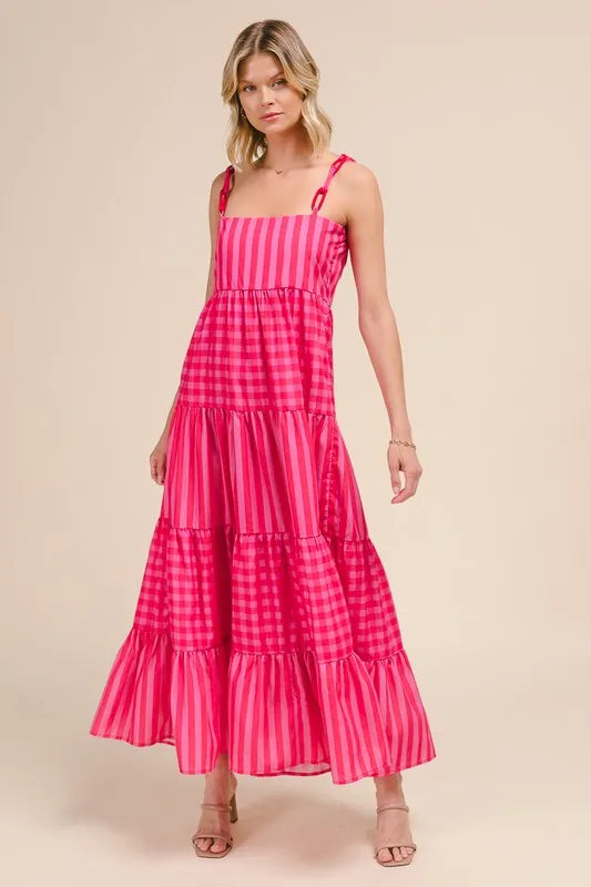 Stripe Tiered Maxi Dress with Colorful Chain Strap in Pink/Red - product view 10