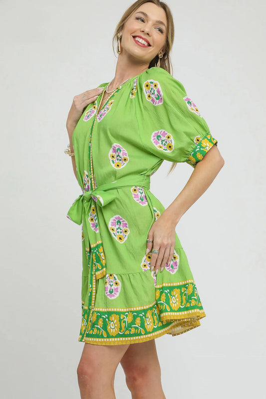 Floral Print Tie Waist Short Sleeve Dress - Neon Green - product view 2