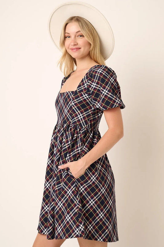 Checkered Print Puff Sleeve Babydoll Mini Dress in Navy - product view 1