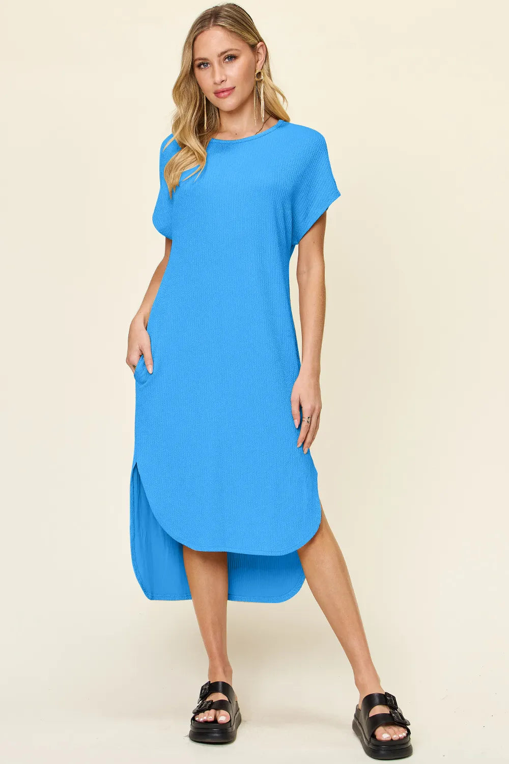Full Size Round Neck Short Sleeve Slit Dress in Sky Blue and Tangerine - product view 1