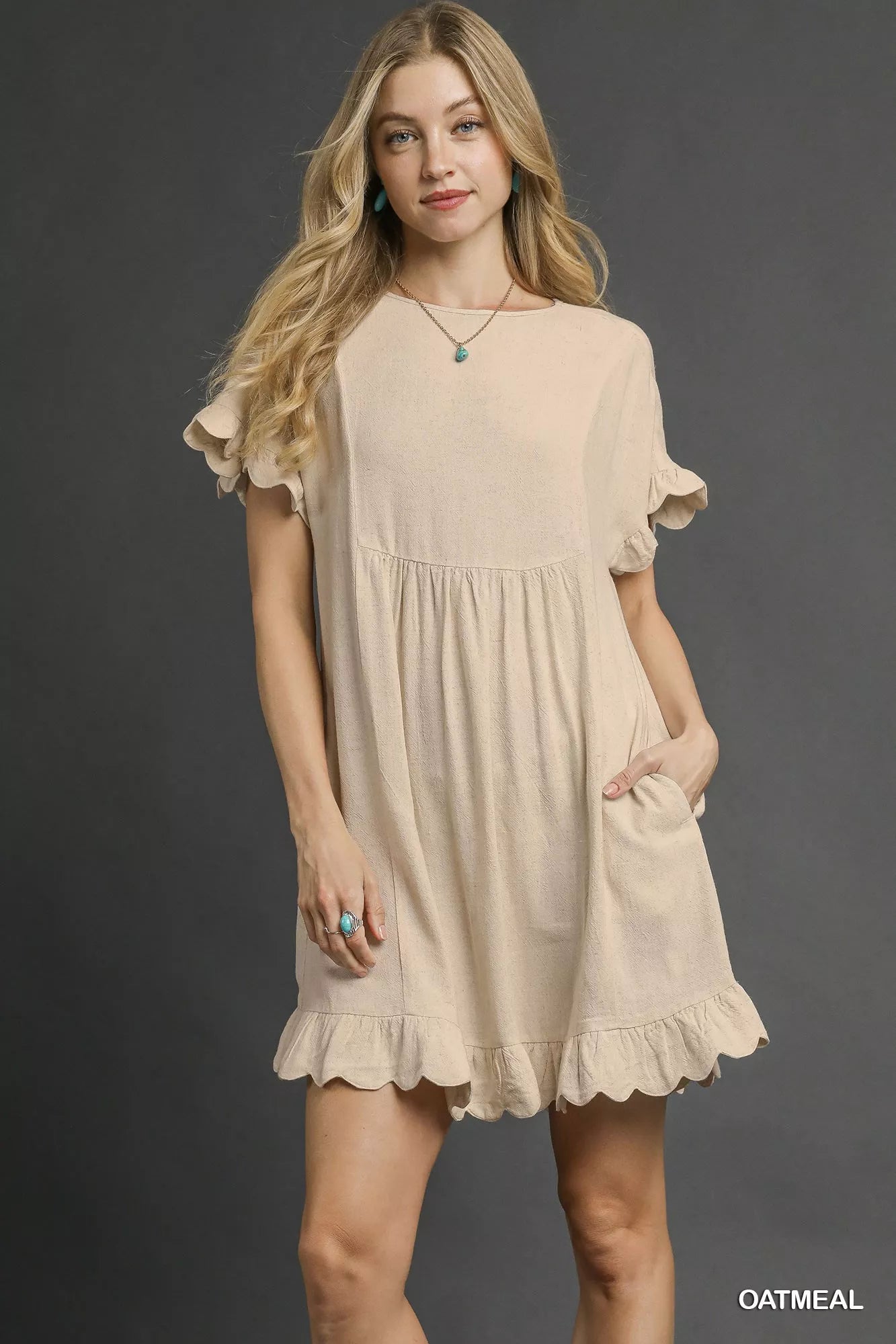 Linen Ruffle Hem Babydoll Dress in Oatmeal - product view 1