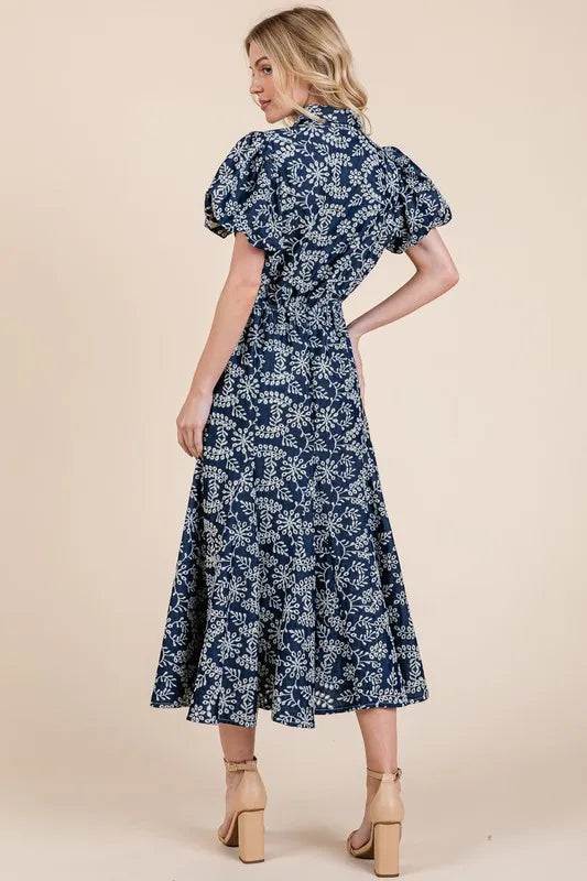 Natural Leaf Pattern Eyelet Lace Puff Sleeve Dress in Navy - product view 5