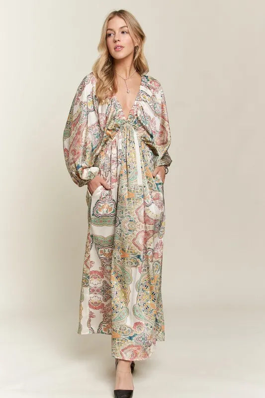 Printed V-Neck Batwing Sleeve Dress - Light Green - product view 2