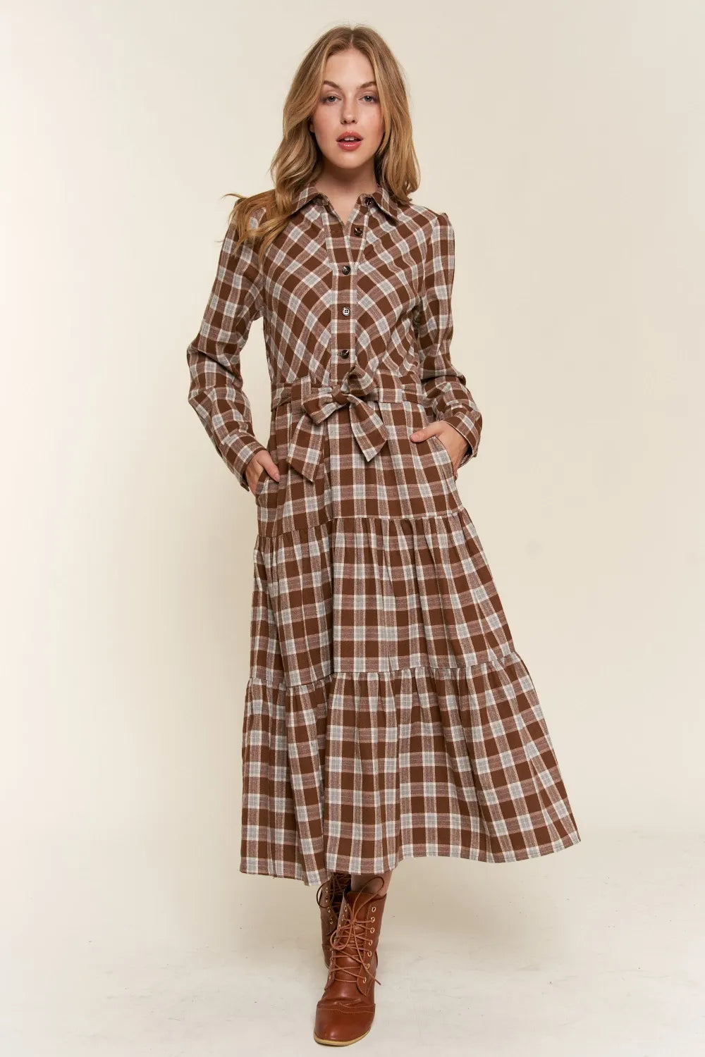 Plaid Tiered Midi Shirt Dress in Brown - product view 4