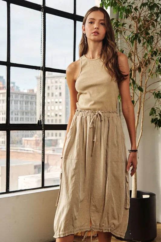 Drawstring Sleeveless Washed Dress - Tan - product view 3