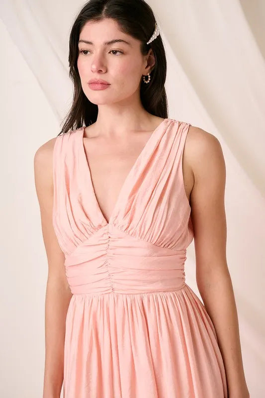 Ruched V-Neck Sleeveless Midi Dress in Blush - product view 6