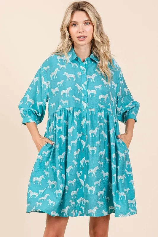 Zebra Print Button Down Shirt Mini Dress - Seagreen - product view 3