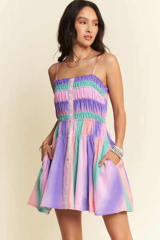 Multi Color Ombre Printed Bodice Button Up Dress in Purple Multi - product view 1