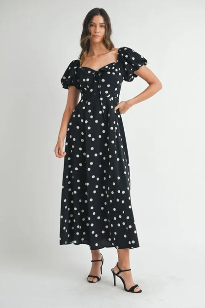 Polka Dot Puff Sleeve Midi Dress - Black - product view 11