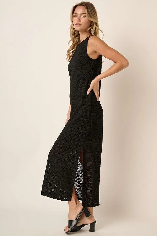 Side Slit Round Neck Sleeveless Dress in Black - product view 3