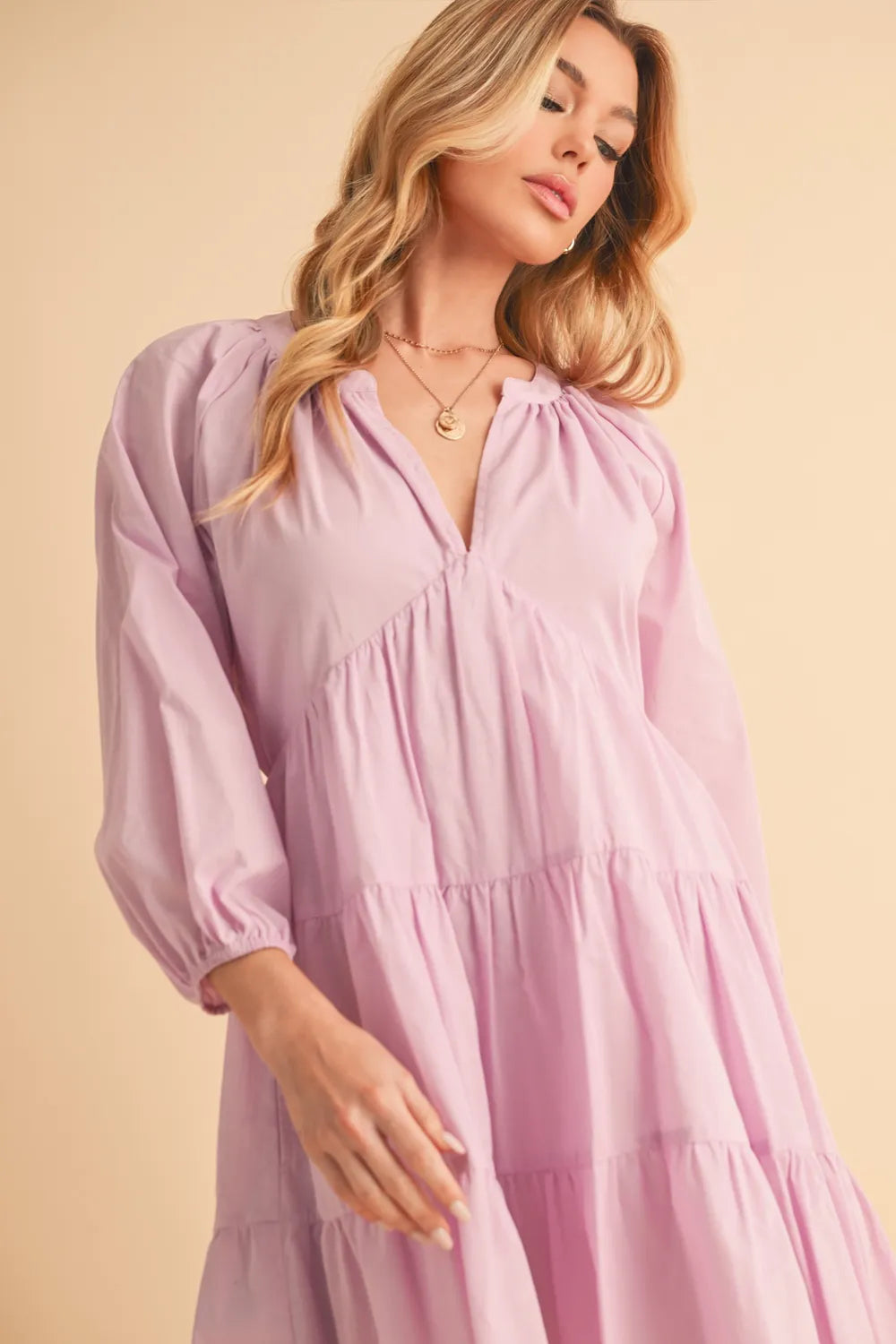 Notched Balloon Sleeve Tiered Mini Dress - Lilac - product view 5