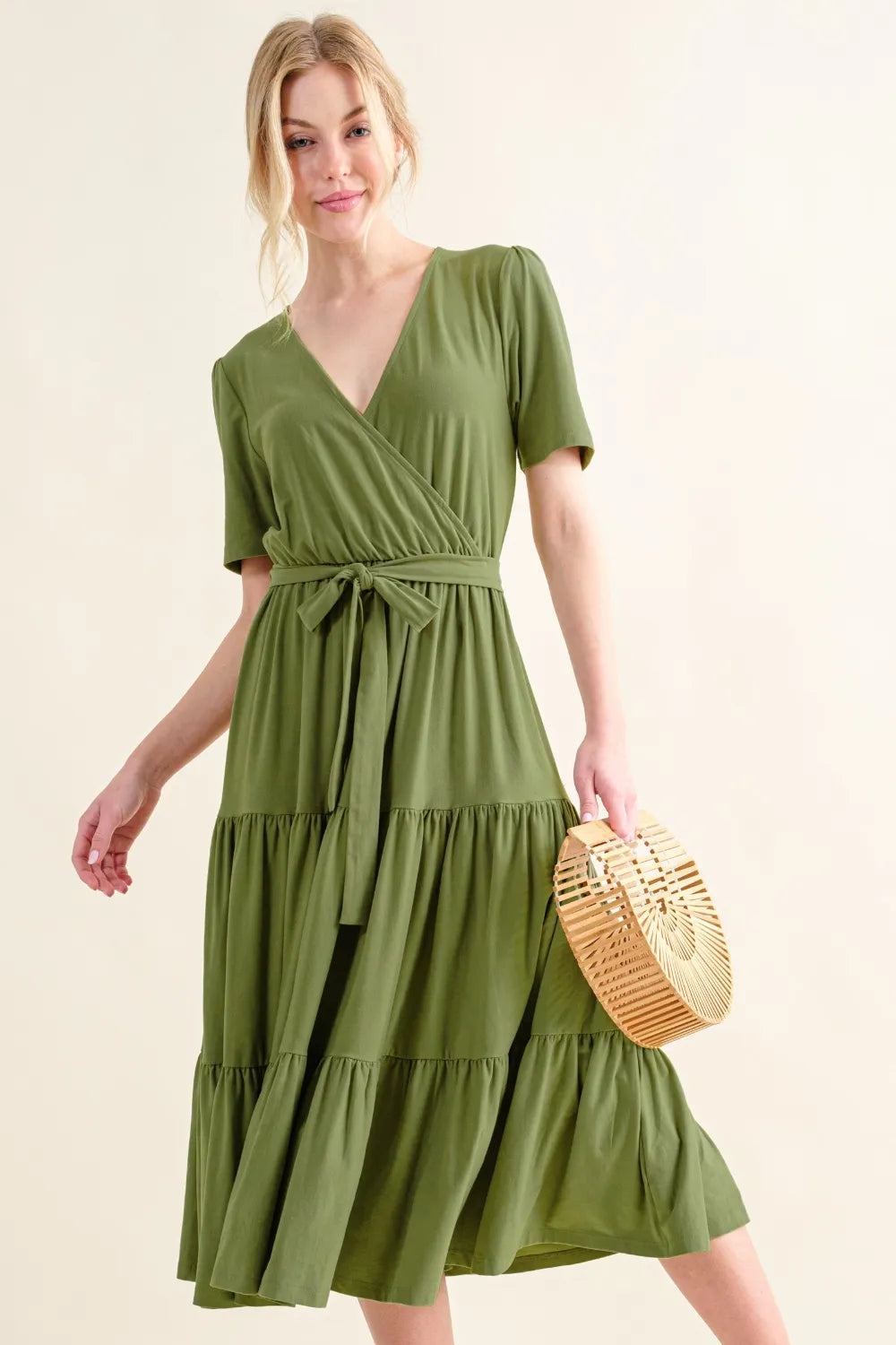 Soft Short Sleeve Tiered Midi Dress in Green - product view 5