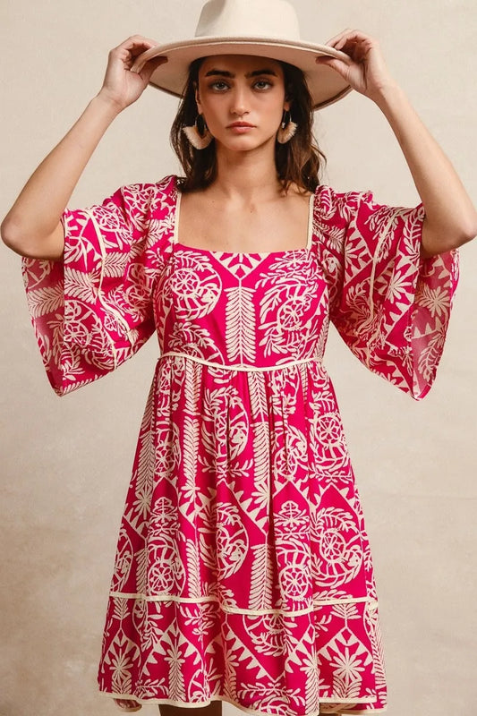Aztec Woven Printed Contrast Binding Dress in Fuchsia - product view 1