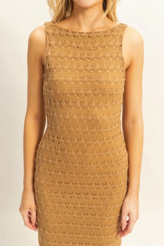 Sleeveless Crochet Open Back Maxi Dress in L.Brown - product view 4