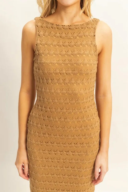 Sleeveless Crochet Open Back Maxi Dress in L.Brown - product view 4