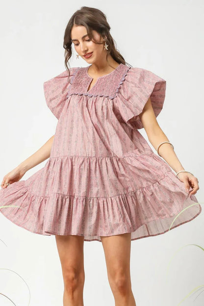 Floral Ruffled Cap Sleeve Tiered Mini Dress - Dusty Pink - product view 2