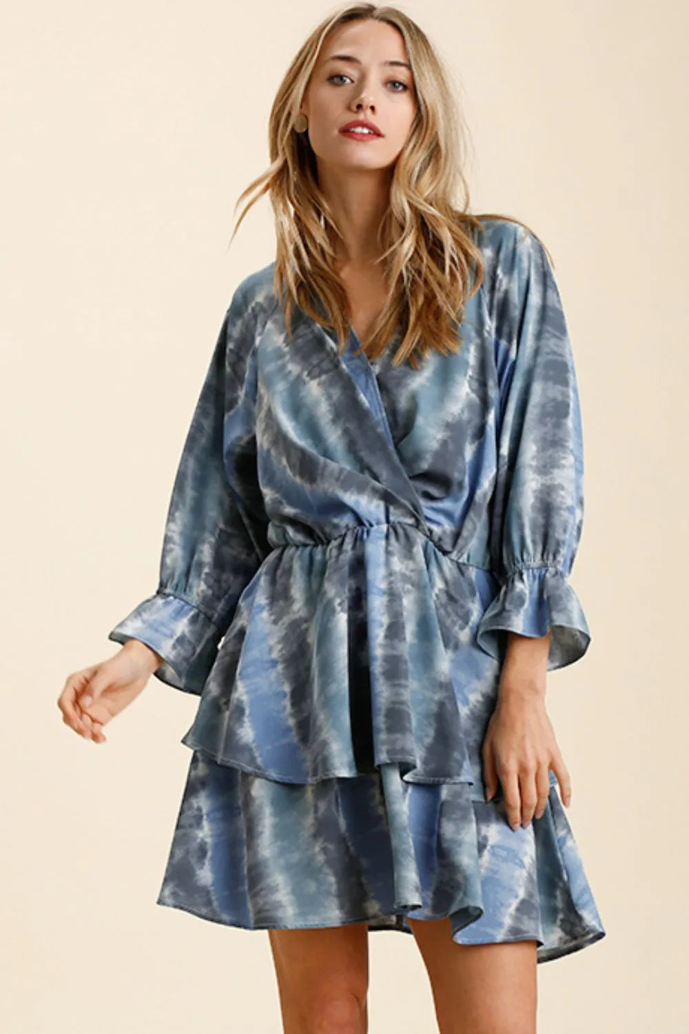 Tie Dye Ruffled Layered Dress with Elastic Waistband - Blue / Grey - product view 1