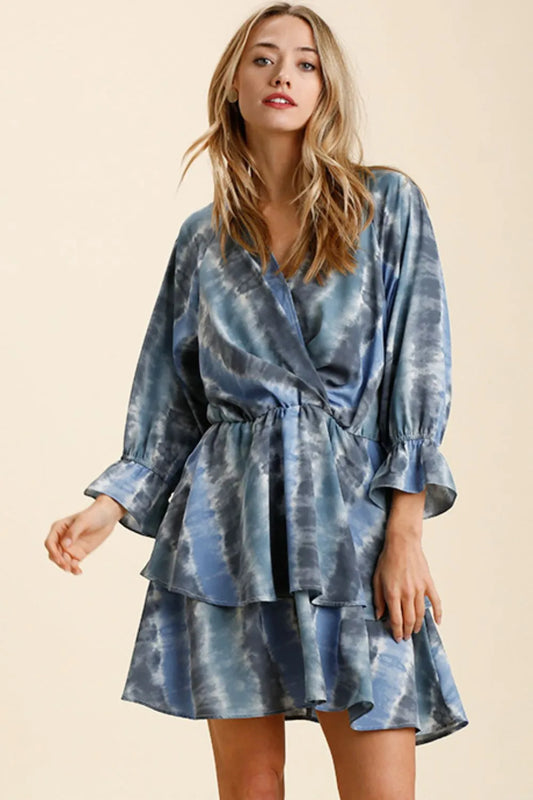 Tie Dye Ruffled Layered Dress with Elastic Waistband - Blue / Grey - product view 1