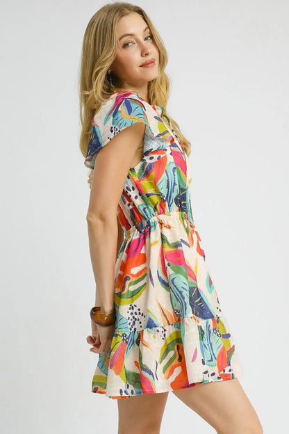 Printed Tie Neck Ruffled Hem Dress in Orange - product view 3