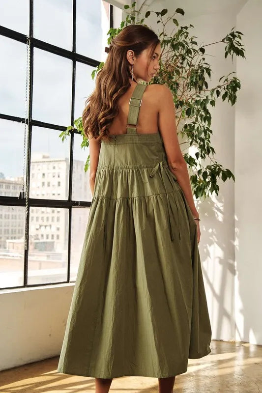 Crisscross Wide Strap Drawstring Detail Midi Dress in Moss - product view 6
