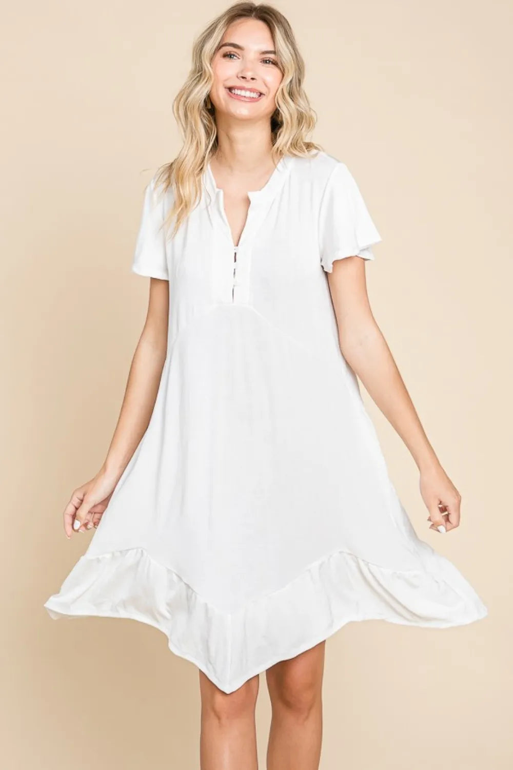 Full Size Short Sleeve Ruffled Asymmetric Hem Dress - Soft White - product view 4