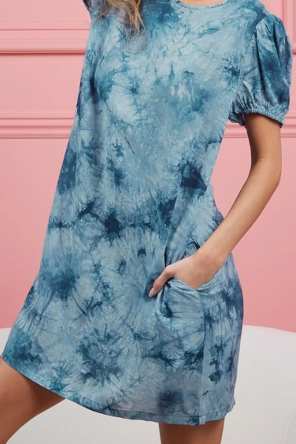 Puff Sleeve With Side Pockets Tie Dye Dress - Teal - product view 3