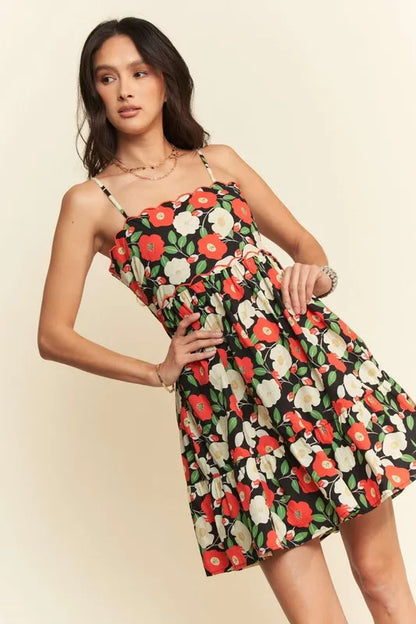 Floral Scalloped Cutout Back Mini Dress in Black - product view 4