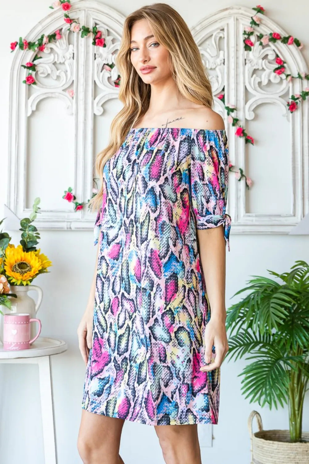 Full Size Off Shoulder Snake Mini Dress in Multi - product view 3