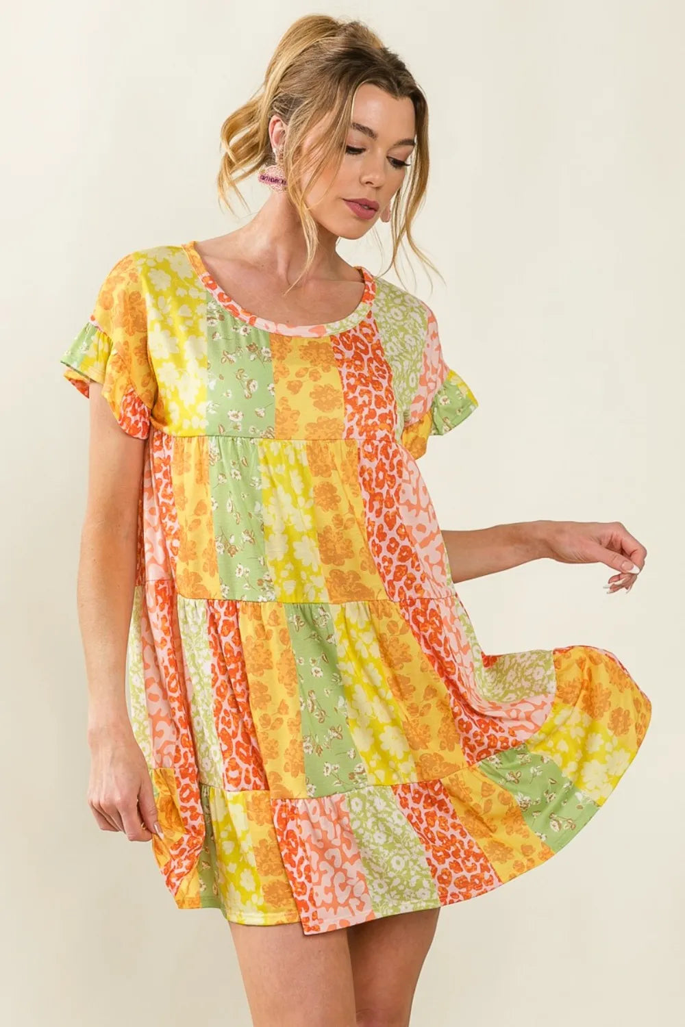 Leopard Short Sleeve Tiered Dress - Orange/Lime - product view 3