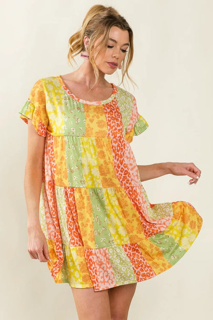 Leopard Short Sleeve Tiered Dress - Orange/Lime - product view 3