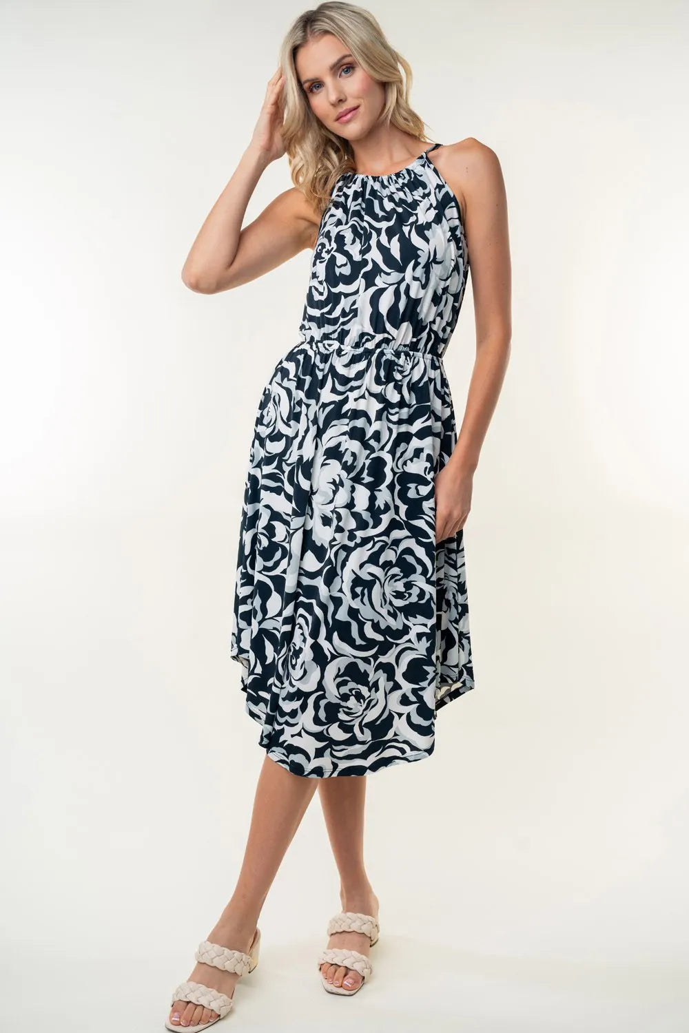 Tied Ruched Floral Sleeveless Knee Length Dress in Black - product view 3