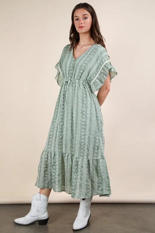 Embroidered Boho Ruffled Midi Dress - Sage - product view 6