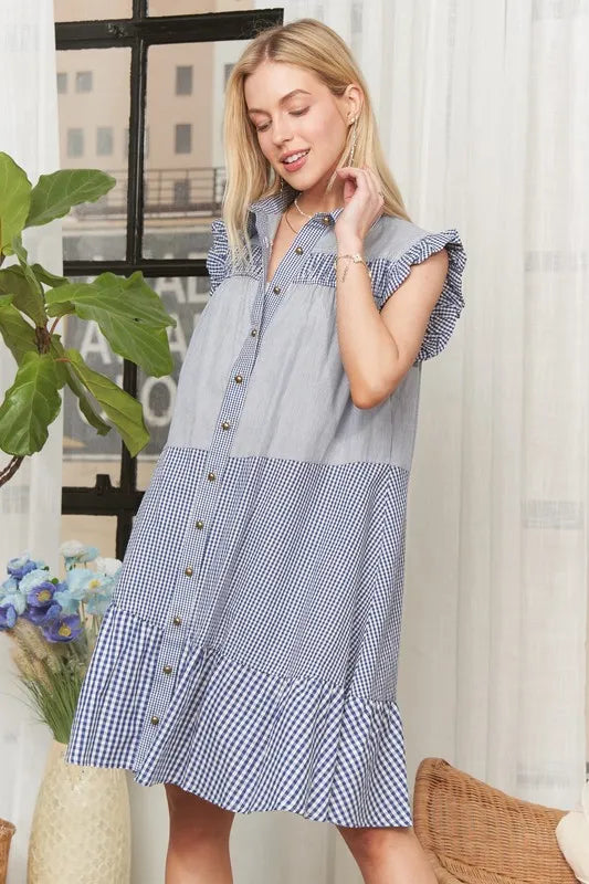 Button Down Textured Babydoll Dress in Blue - product view 12