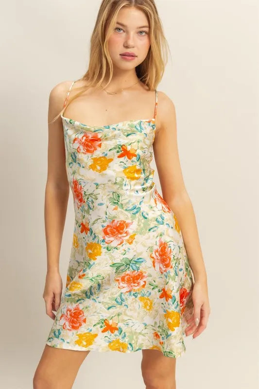 Floral Cowl Neck Flirty Satin Mini Dress - Apple Green - product view 2
