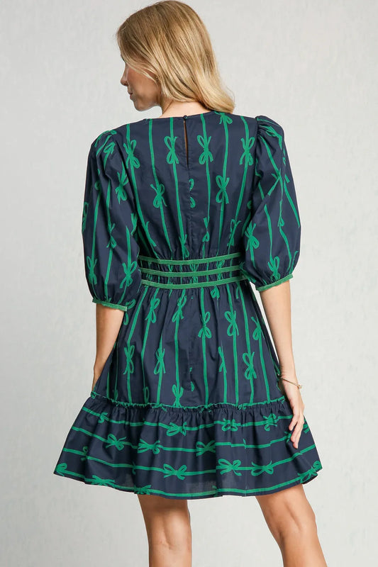 Ribbon Print Frill Contrast Velvet Trim Half Sleeve Dress in Navy - product view 2